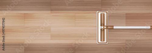 Realistic mop cleaning wooden floor surface with cleanliness effect, 3d vector background, top view. Illustration of house equipment for effective dust removal on wood parquet home flooring.