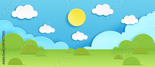 Spring paper landscape with cut green grass, bushes, sun and clouds in blue sky. Vector realistic illustration of papercraft scenery for holiday card design, beautiful summer nature, origami landscape