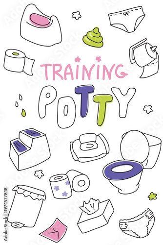 Cute Potty Training Doodle Icon Set for Kids Bathroom Hygiene and Nursery Design