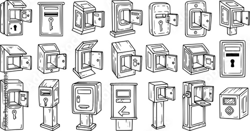 Black and White Line Art Collection of Various Mailboxes and Safes
