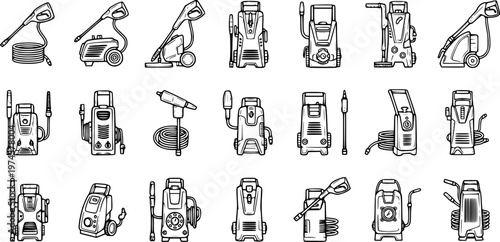 Black and White Line Art Icons of Pressure Washers, Cleaning Equipment Set
