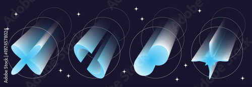 Y2K aesthetic aura icons with gradient texture, 3d perspective and neon glow. Abstract vector holographic shapes, soft blur effects, and trendy sticker elements for modern design projects.