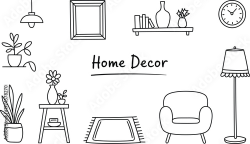 Hand-drawn black and white line collection of home decor including a floor lamp, armchair, wall clock, frame, potted plants, books, and a rug on a white background