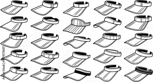 Sports and Fashion Visors Collection in Black and White Line Art Doodle Style for Outdoor Accessory Designs