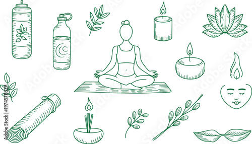 Green line collection of yoga including a person meditating on a mat, water bottles, lotus flower, burning candles, incense sticks, and various botanical leaf sprigs on white