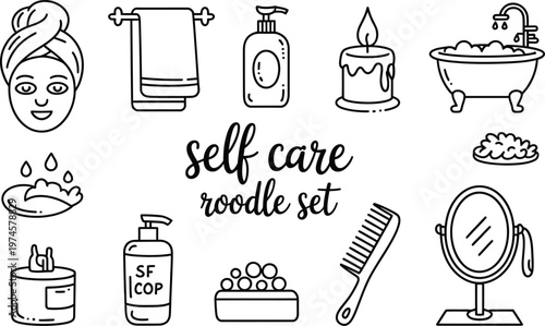 Black and white doodle set featuring self-care including a face mask, bathtub, soap dispenser, towel, candle, comb, mirror, and bubbles, arranged on a plain white background