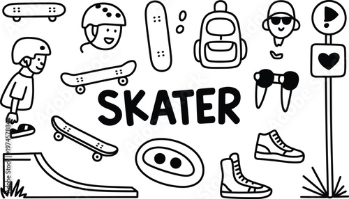 Black and white doodle set featuring skateboards, a skater boy, a helmet, backpack, sneakers, sunglasses, and a street sign with a heart centered with the bold text label skater