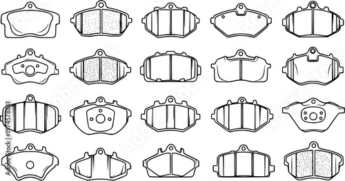 Automotive Brake Pads Vector Line Art Set. Collection of car part outline icons for vehicle maintenance and auto repair services.