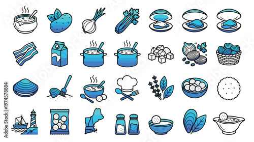 Clam Chowder Icon Set in Blue Gradient Style. A collection of seafood soup linear icons, including clam, bacon, milk, potato, onion, crackers, and more, soup, food, meal. Editable Stroke.