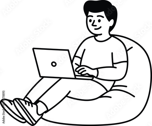 A young man sitting comfortably in a beanbag chair, typing on a laptop computer, depicted in a simple black and white line style with a relaxed posture and a smiling expression