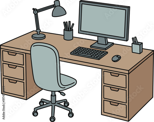 A cartoon-style of a wooden office desk with a computer monitor, keyboard, mouse, desk lamp, and two pencil holders, accompanied by a swivel office chair in a workspace setting
