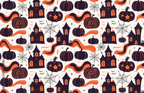 Halloween pattern with haunted houses pumpkins and spiderweb elements
