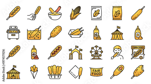 Corn Dog Fair Food Icon Set in Linear Style. A collection of snack linear icons, including corn dog, mustard, deep fryer, ferris wheel, tent, kiosk, street food, and more. Editable Stroke.
