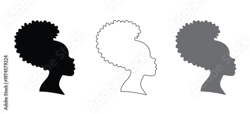 Afro woman icon icon. Diverse afro hairstyles represented as striking black silhouettes. African American woman head silhouette icon set Vector illustration
