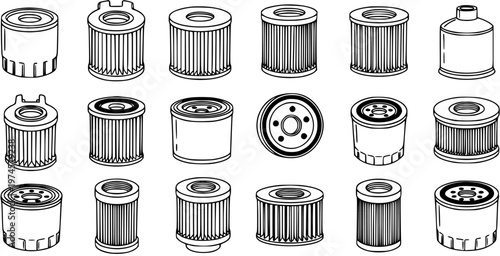 Automotive Engine Filters Line Art Collection. Various Outline Icons of Car, Truck, and Vehicle Oil, Fuel, and Air Filters for Maintenance and Service.