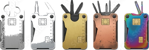 Collection of modern credit card multi-tools featuring various metallic finishes and integrated utility functions perfect for everyday carry and outdoor adventures