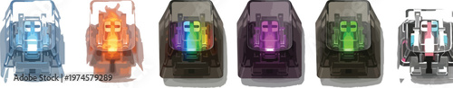Set of colorful glowing abstract figures in translucent cases featuring vibrant light effects and modern design perfect for technology gaming or innovation themes