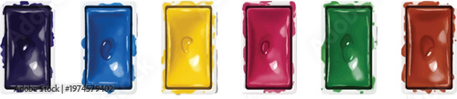 Vibrant set of rectangular watercolor or gouache paint pans featuring various artistic colors for creative projects and educational use isolated on a white background