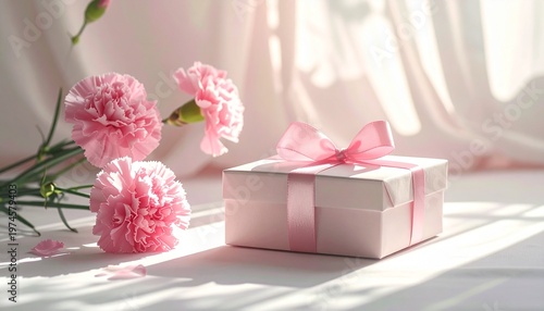Mother’s Day concept with pink carnations and pastel gift box on bright background