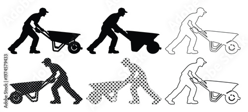 Construction worker pushing wheelbarrow vector set, six black and white silhouettes of laborers, building and gardening work icons, isolated on white for industrial design.