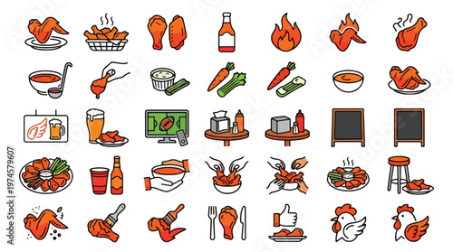 Chicken Wing Restaurant Icon Set in Colorful Linear Style. A collection of food linear icons including buffalo, drumstick, sports, beer, sauce, spicy, celery, carrot