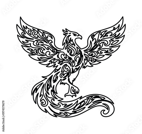 Intricate phoenix vector illustration, mythical bird with ornate swirling patterns, elegant black and white fantasy creature, decorative design element for branding and tattoo art
