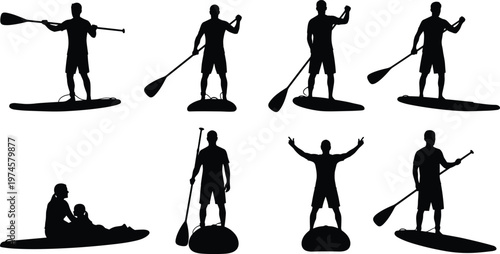Set of stand up paddleboard silhouettes, people paddling on SUP boards vector illustrations, summer water sports activity symbols, surfing and rowing icons