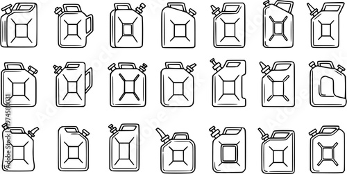 Automotive Gas Cans and Jerrycans Line Art Icons Set. Black and White Outline Fuel Containers Collection for Petrol and Diesel.