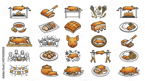 Lechon Roast Pig Icon Set in Line Style. A collection of linear icons representing Filipino food, including roasted pig, pork belly, spit roast, BBQ, feast, meat, garlic, and more. Vector.