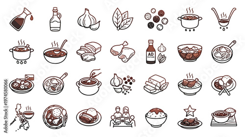Filipino Adobo Food Icon Set in Line Style. A collection of linear icons representing adobo cooking, including chicken, pork, garlic, soy sauce, vinegar, rice, and more. Editable Stroke.