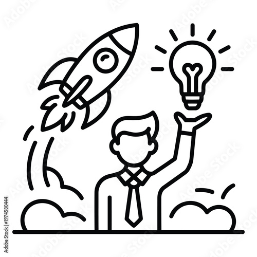 startup founder launching rocket with idea symbol line icon showing innovation and leadership concept in simple eps vector style clean outline design for business success visual