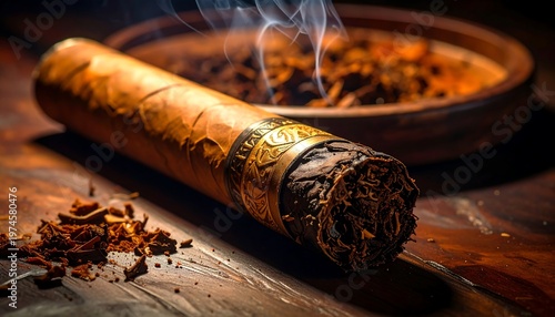 A lit cigar on a wooden surface