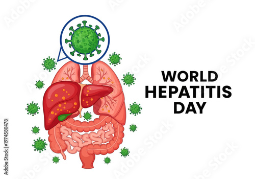 World hepatitis day awareness poster with liver and virus illustration