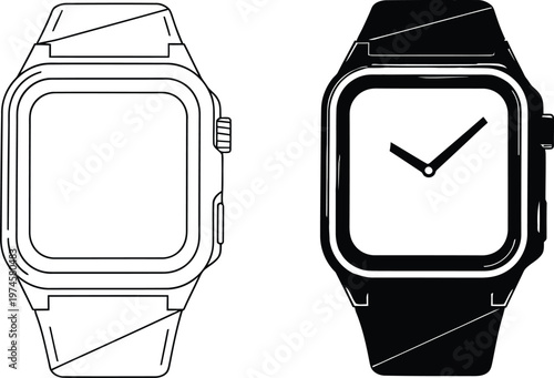Title black and white illustration of two modern smartwatches with straps description a minimalist line drawing depicts two smartwatches one light and