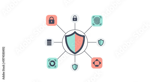 Shield with various security icons around.