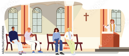 People in church. Catholic priest speaks to congregation, religious men and women on benches, society spirituality, pastor on tribune, cartoon flat style isolated nowadays vector concept stock illustr