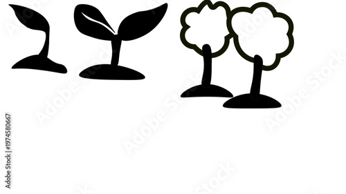 Growth Cycle: A black and white depiction of a plant's growth cycle, from sprout to sapling, symbolizing the journey of life and potential