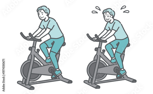フィットネスバイクを漕ぐシニア男性の比較セットイラスト