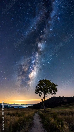 A lone tree stands on a dirt path under a starry night sky