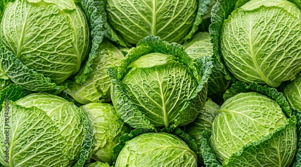 Fototapeta premium Vibrant macro photography of a large dense pile of freshly harvested organic green cabbages, showcasing the intricate crisp leaf textures.