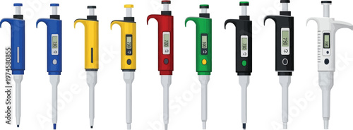 Collection of colorful adjustable volume micropipettes with digital displays essential laboratory instruments for precise liquid handling in scientific research