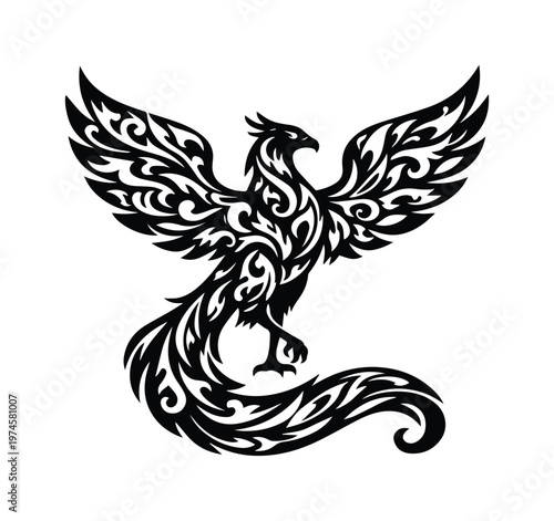 Majestic phoenix bird vector illustration, mythical creature with ornate tribal wings and tail, powerful fantasy animal graphic, elegant black and white design for branding and tattoo art