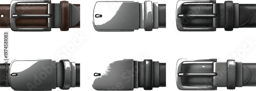 Collection of various realistic belt buckles and leather straps essential fashion accessories for clothing design and e-commerce isolated on white background