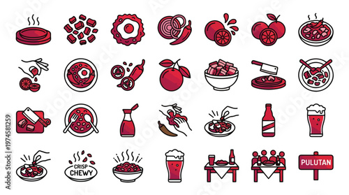 Filipino Pulutan Appetizers Icon Set in Red Gradient Style. A collection of food linear icons including sisig, beer, calamansi, chili, egg, snack, meat, lime, bar, and more. Vector Graphic.