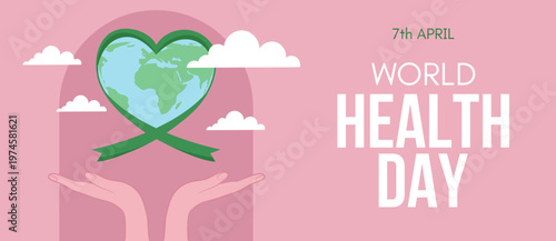 World Health Day Banner – Caring Hands with Heart Ribbon. Global Healthcare. Medical Support and Awareness Concept.