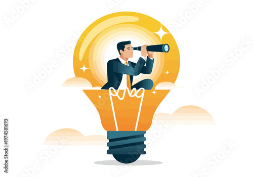 Successful professional looking through spyglass on bright glowing lightbulb background vector illustration.