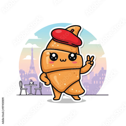 Cartoon Croissant Wearing Red Beret.