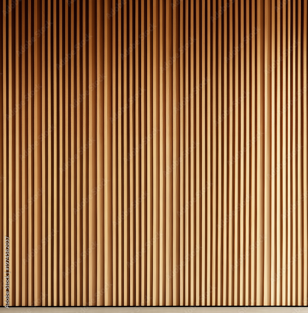 Obraz premium A wall with vertical, evenly spaced light brown wooden slats