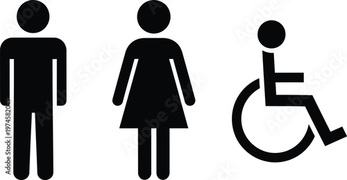 WC restroom sign icon set with male, female and wheelchair symbols. Vector toilet signage for public bathrooms, accessibility, facilities navigation and wayfinding systems.