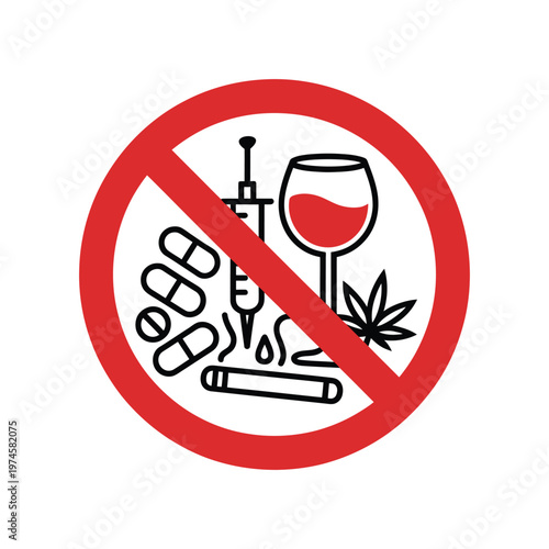 Prohibited substances icons set including alcohol drugs cigarettes and medicine inside red prohibition circle for health awareness.
